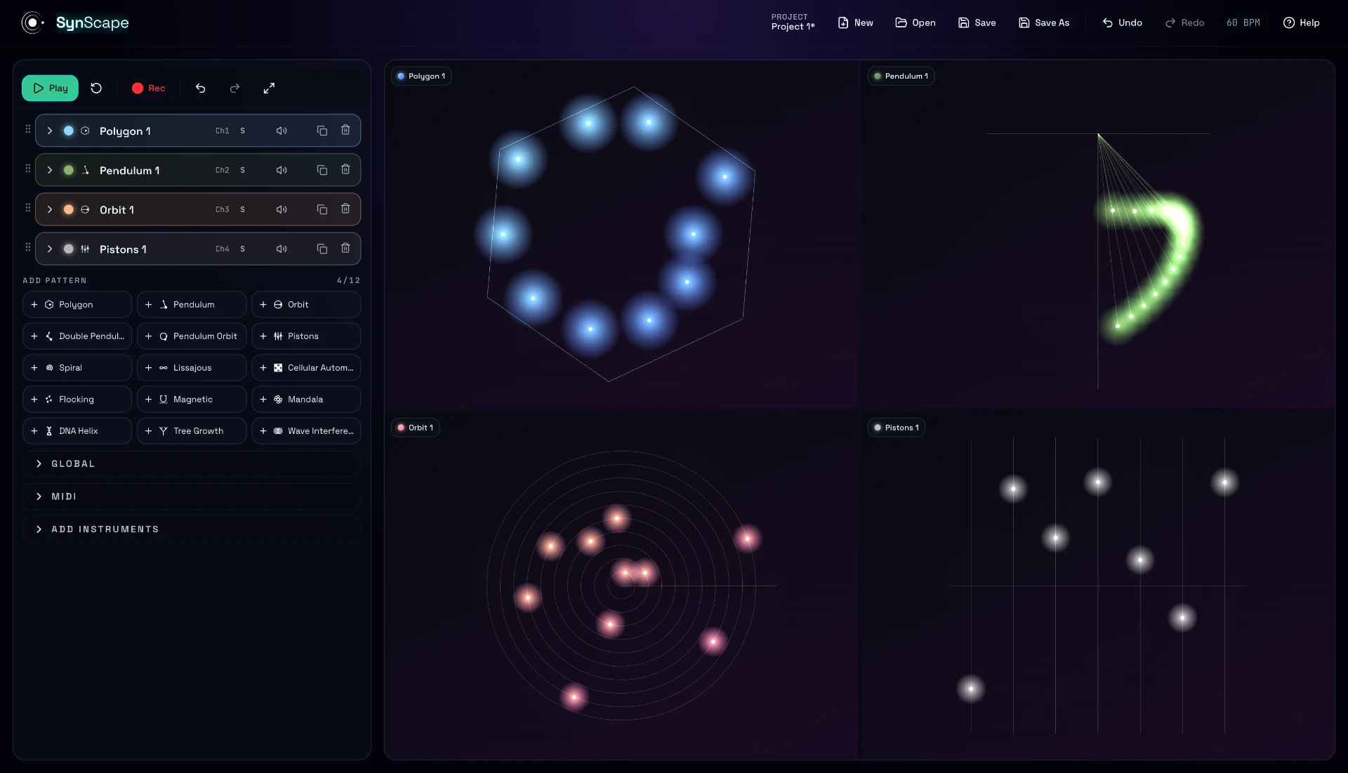 Synscape visual music instrument with polygon, pendulum, orbit and piston motion patterns playing across four canvases