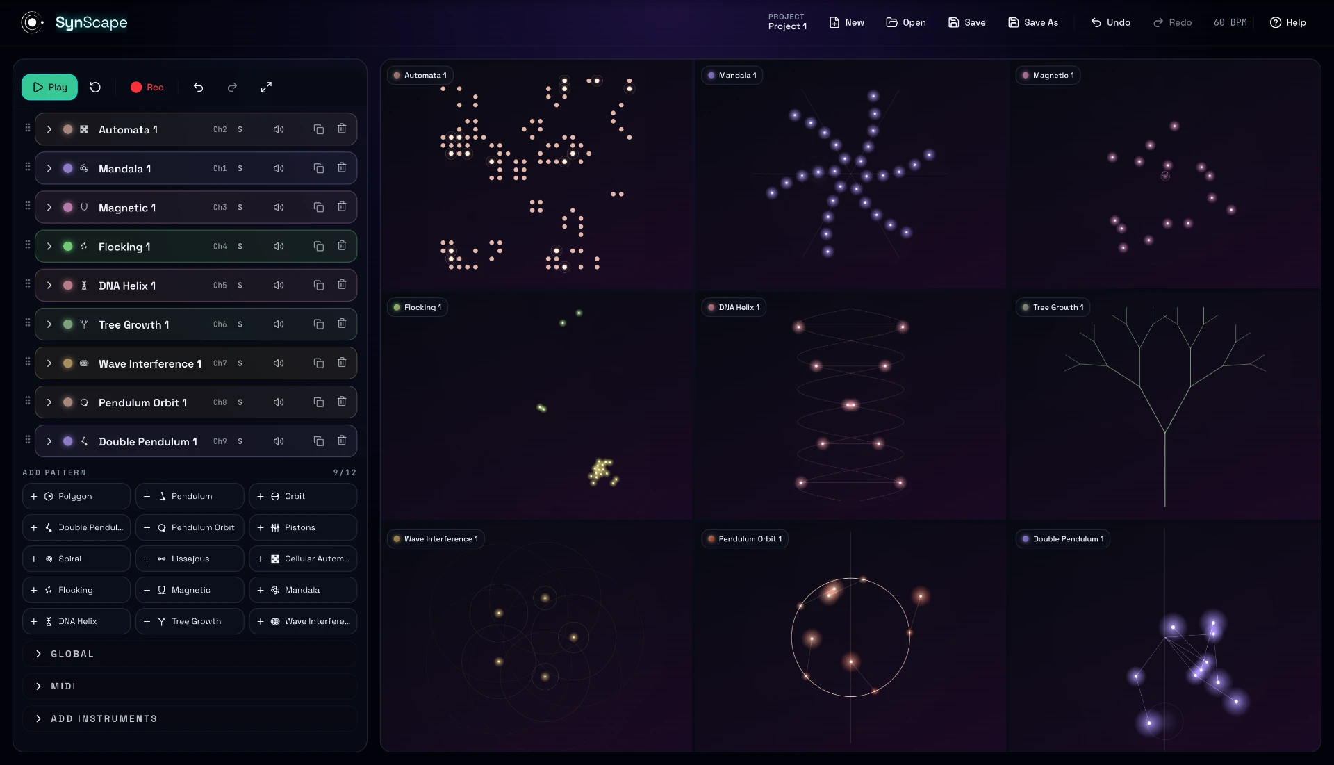 Nine different Synscape motion systems including cellular automata, mandala, flocking, DNA helix and tree growth
