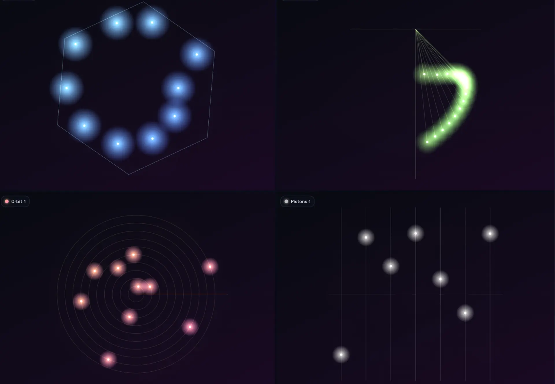 Close-up of Synscape polygon, pendulum, orbit and piston patterns generating musical events as they move