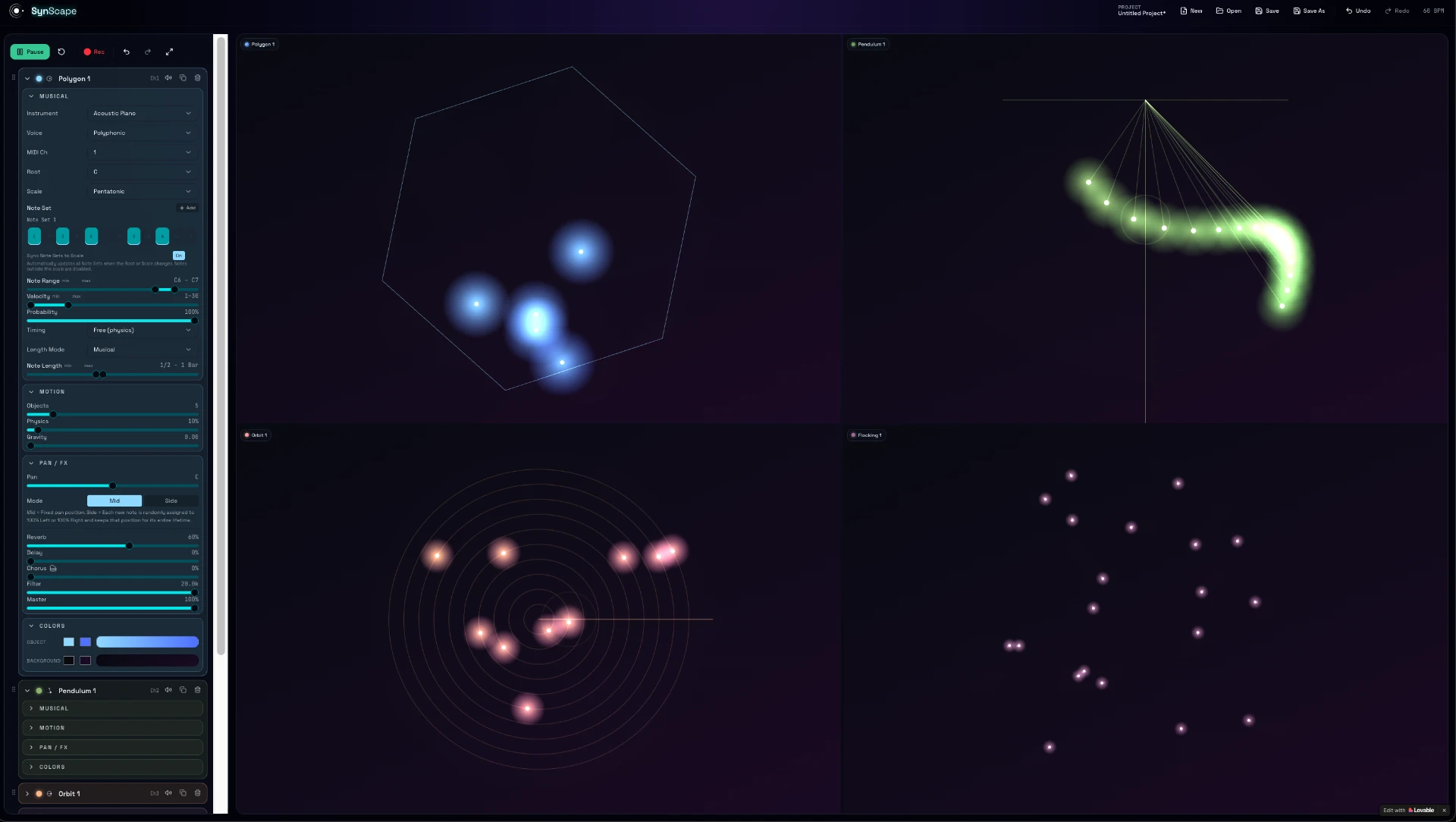 Synscape interface with pattern parameters open beside a green pendulum trail and blue orbit motion